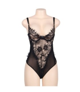 SUBBLIME - TEDDY ENCAJE FLORAL Y CON FLECOS NEGRO TALLA GRANDE