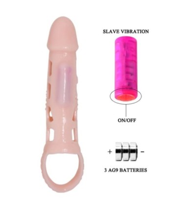 BAILE - FUNDA EXTENSORA PENE CON VIBRACIÓN Y STRAP NATURAL 13.5 CM