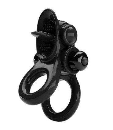 PRETTY LOVE - PASSIONATE RING DOBLE ANILLO VIBRADOR + ESTIMULADOR CLÍTORIS NEGRO