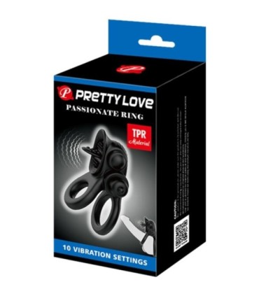 PRETTY LOVE - PASSIONATE RING DOBLE ANILLO VIBRADOR + ESTIMULADOR CLÍTORIS NEGRO