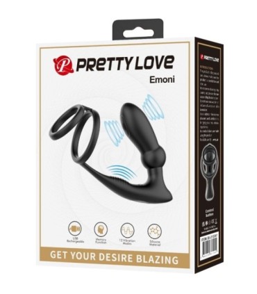PRETTY LOVE - EMONI ANILLO PENE + PLUG ANAL 12 VIBRACIONES NEGRO