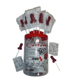 DIABLO PICANTE - BOTE 50 PIRULETAS PITO CARAMELO FRESA Y CEREZA 50 UNIDADES