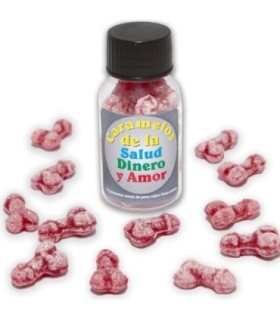 DIABLO PICANTE - 12 CARAMELOS DE LA SALUD-DINERO-AMOR FORMA PENE FRESA/CEREZA