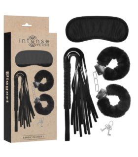 INTENSE - FETISH SET ERÓTICO 1 CON ESPOSAS, ANTIFAZ Y LÁTIGO DE CUERO VEGANO
