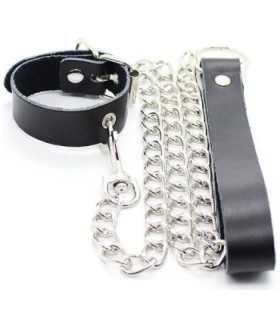 OHMAMA FETISH - COLLAR PARA PENE Y CORREA PIEL CON CADENA METALICA