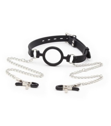 OHMAMA FETISH - MORDAZA DE ANILLA CON CADENAS Y PINZAS PEZONES