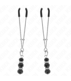 KINK - PINZAS PARA PEZONES PLATEADA FINA CON TRIPLE BOLA DE VIDRIO NEGRO 7 CM