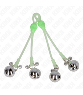 KINK - PINZAS PARA PEZONES LUMINOSAS FORMA CALABERA CON CASCABEL SONORO AJUSTABLE VERDE / PLATEADO