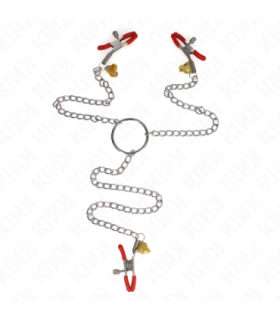 KINK - PINZAS PARA PEZONES Y CLÍTORIS ROJAS CON CASCABEL DORADO Y CADENA 30 CM