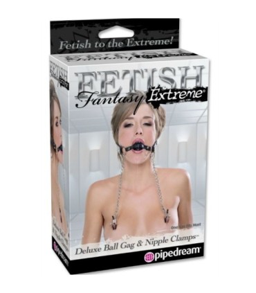 FETISH FANTASY EXTREME - MORDAZA DELUXE CON PINZAS PEZONES CON CADENAS
