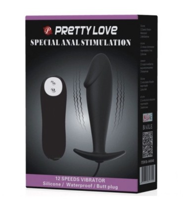 PRETTY LOVE - PLUG ANAL SILICONA FORMA PENE Y 12 MODOS VIBRACIÓN NEGRO