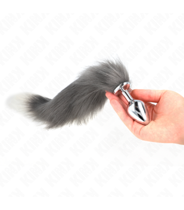 KINK - PLUG ANAL TALLA M 8 X 3.5 CM CON COLA SINTÉTICA 40 CM PLATEADO Y BLANCO