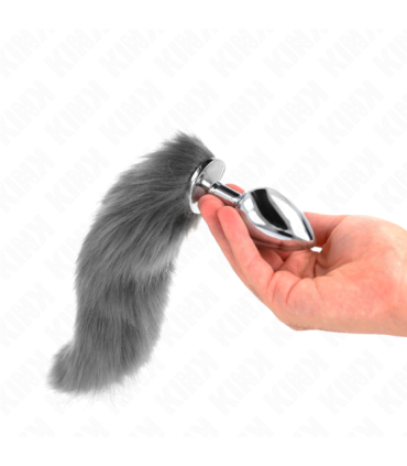 KINK - PLUG ANAL TALLA L 10 X 4 CM CON COLA SINTÉTICA 40 CM PLATEADO Y BLANCO