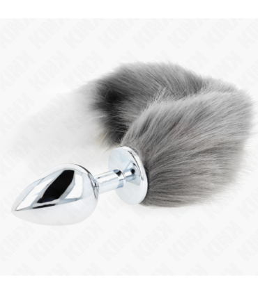 KINK - PLUG ANAL TALLA L 10 X 4 CM CON COLA SINTÉTICA 40 CM PLATEADO Y BLANCO