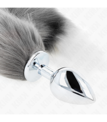 KINK - PLUG ANAL TALLA L 10 X 4 CM CON COLA SINTÉTICA 40 CM PLATEADO Y BLANCO