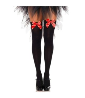 LEG AVENUE - MEDIAS ALTAS NEGRAS CON LACITO ROJO TALLA ÚNICA