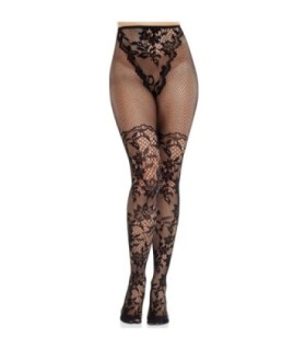 LEG AVENUE - MEDIAS DE ENCAJE DAHLIA CON DETALLE DE RED NEGRO