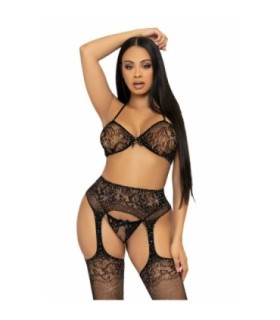 LEG AVENUE - SET TRES PIEZAS SUJETADOR, TANGA Y MEDIAS TALLA ÚNICA - NEGRO