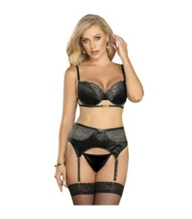SUBBLIME - SET DE 3 PIEZAS SUJETADOR + TANGA + LIGA ENCAJE NEGRO S/M
