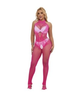 SUBBLIME - 952389 BODYSTOCKING CROTCHLESS DE REJILLA Y ENCAJE CON CUELLO ALTO ROSA TALLA ÚNICA