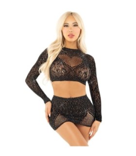 LEG AVENUE - TOP + FALDA DE REJILLA CON BRILLANTES NEGRO