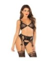 LEG AVENUE - SUJETADOR + TANGA + MEDIAS DE REJILLA NEGRO TALLA ÚNICA
