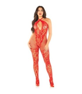 LEG AVENUE - BODYSTOCKING DE REJILLA CON ESTAMPADO DE FLORES ROJO TALLA ÚNICA