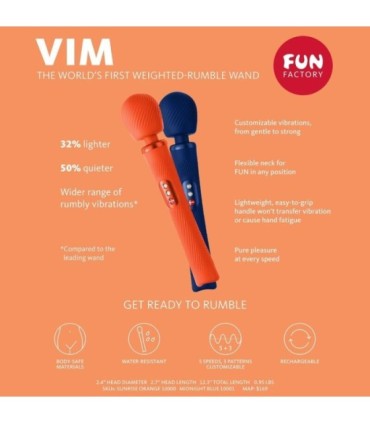 FUN FACTORY - VIM WAND RUMBLE VIBRADOR RECARGABLE SILICONA AZUL MEDIANOCHE