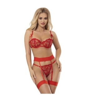 SUBBLIME - 954338 SUJETADOR + TANGA + LIGUEROS ESTAMPADO DE CORAZONES ROJO L/XL