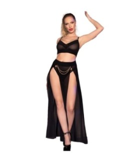 CHILIROSE - CR 4672 TOP NEGRO FALDA Y TANGA CON CADENAS DORADAS M