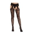 LEG AVENUE - MEDIAS DE ENCAJE FLORAL CON LIGAS UNIDAS NEGRO