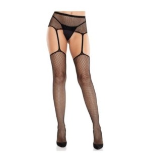 LEG AVENUE - MEDIAS DE ENCAJE CON CRUZ Y PORTALIGAS NEGRO