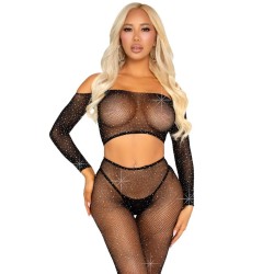 LEG AVENUE - CROP TOP Y LEGGING DE REJILLA CON PEDRERÍA NEGRO
